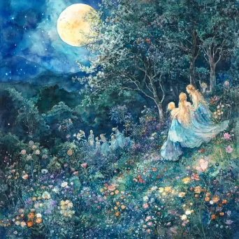 Watercolor painting of ethereal nymphs frolicking amidst iridescent flowers in a moonlit meadow - Image 4