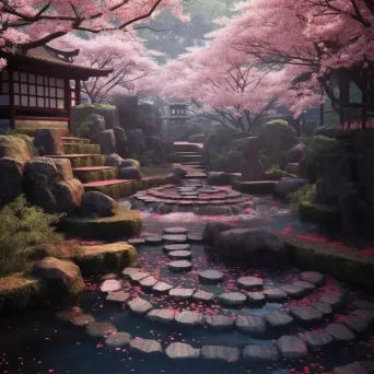 Tranquil Zen Garden with Cherry Blossom Trees - Image 1