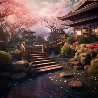 Tranquil Zen Garden with Cherry Blossom Trees - Image 3