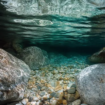 Close-up of crystal-clear thermal spring water with stones and algae. - Image 1