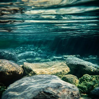 Close-up of crystal-clear thermal spring water with stones and algae. - Image 2