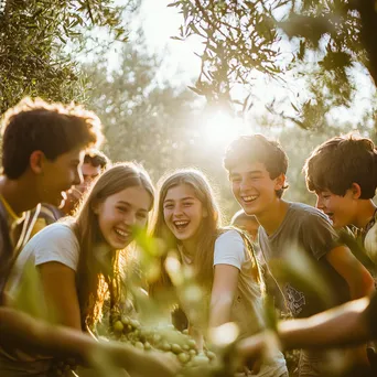 Group of teenagers picking olives in a sunlit grove. - Image 3