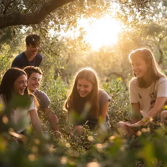 Group of teenagers picking olives in a sunlit grove. - Image 4