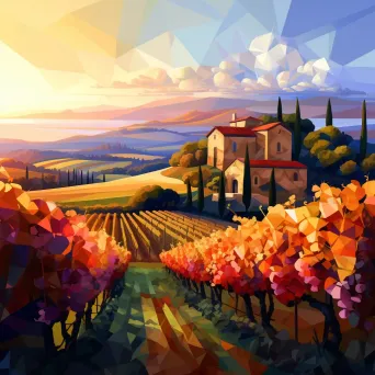 Low poly depiction of a vineyard at harvest time with ripe grapes and stone cottages, under the golden light - Image 4