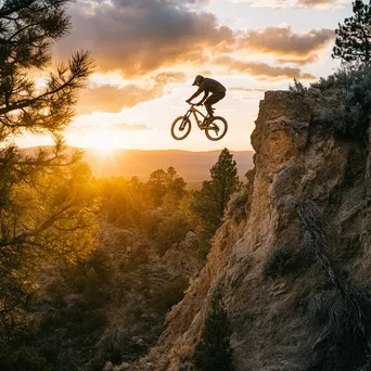 A mountain biker performing tricks in mid-air over rocks during sunset. - Image 2