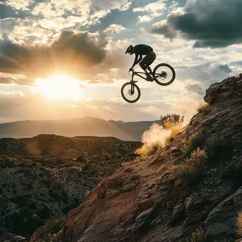 A mountain biker performing tricks in mid-air over rocks during sunset. - Image 3