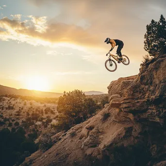 A mountain biker performing tricks in mid-air over rocks during sunset. - Image 4