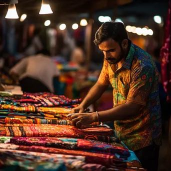 Vendor showcasing colorful traditional textiles in a crowded street bazaar, attracting curious customers. - Image 2