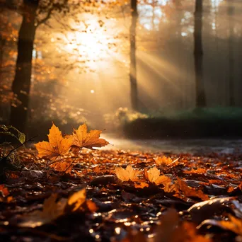 Autumn leaves illuminated by sunlight in a forest - Image 4