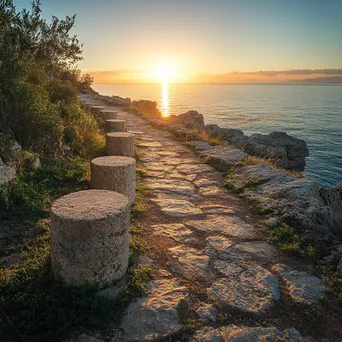 Ancient stone-marked pathway by the sea at golden hour - Image 1