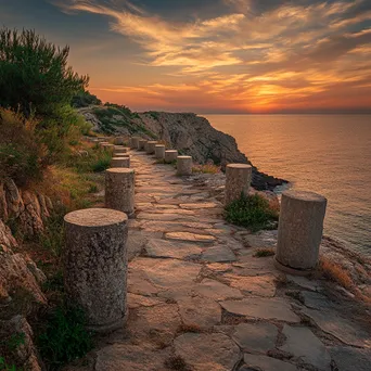 Ancient stone-marked pathway by the sea at golden hour - Image 4