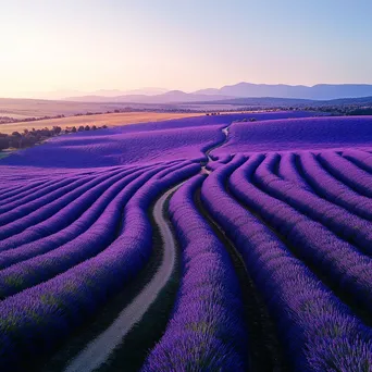 Aerial shot of lavender fields with a path in the middle. - Image 1