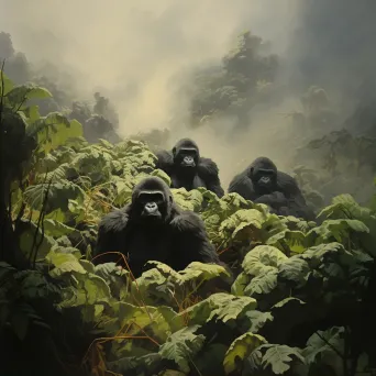 Image of a family of mountain gorillas in the misty Virunga mountains - Image 1