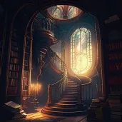 Grand library with towering bookshelves, a spiral staircase, and a large stained glass window casting a soft, warm light - Image 1