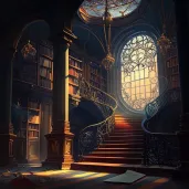 Grand library with towering bookshelves, a spiral staircase, and a large stained glass window casting a soft, warm light - Image 3