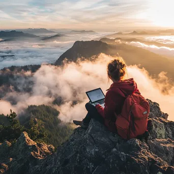 Freelancer typing on laptop at mountain summit - Image 1