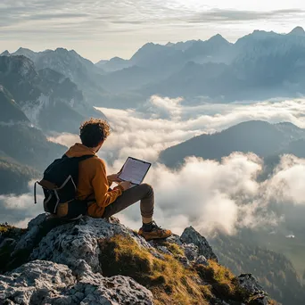 Freelancer typing on laptop at mountain summit - Image 2