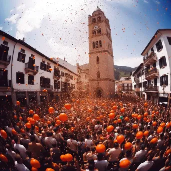 Image of a lively festival where people are throwing tomatoes in a crowded square - Image 1