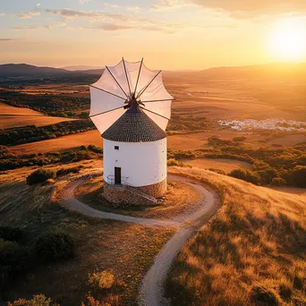 Historic Spanish windmill at sunset with rolling hills - Image 1