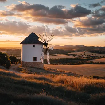 Historic Spanish windmill at sunset with rolling hills - Image 2