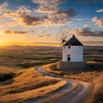 Historic Spanish windmill at sunset with rolling hills - Image 4