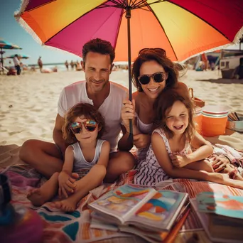 Family lounging on beach towels under colorful umbrellas, enjoying snacks and books. - Image 2