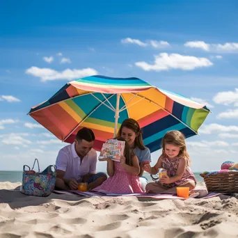 Family lounging on beach towels under colorful umbrellas, enjoying snacks and books. - Image 4