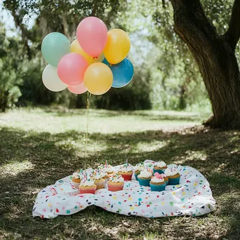 A charming birthday picnic setup with balloons and cupcakes under a tree. - Image 1