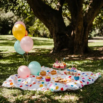 A charming birthday picnic setup with balloons and cupcakes under a tree. - Image 2