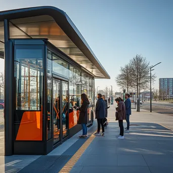 Diverse group of passengers boarding a modern electric bus at a bus stop. - Image 3