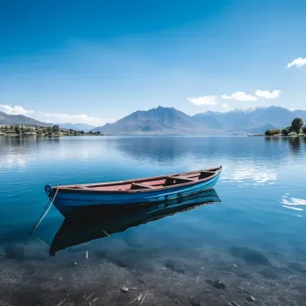 Lonely boat floating on a calm lake with mountains in the background - Image 1