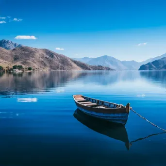 Lonely boat floating on a calm lake with mountains in the background - Image 2