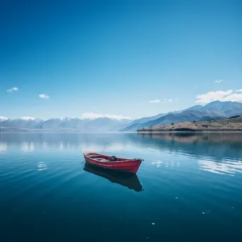 Lonely boat floating on a calm lake with mountains in the background - Image 3