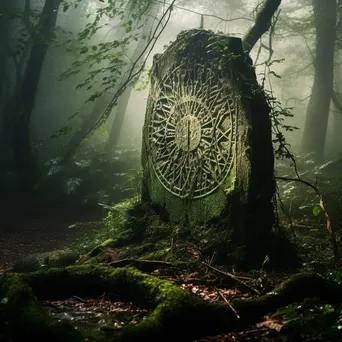 Ancient tree stump covered with ivy and runes in a misty forest - Image 1