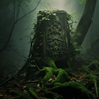 Ancient tree stump covered with ivy and runes in a misty forest - Image 4