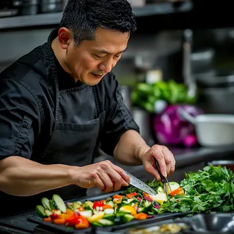 Chef slicing organic vegetables for a stir-fry - Image 1