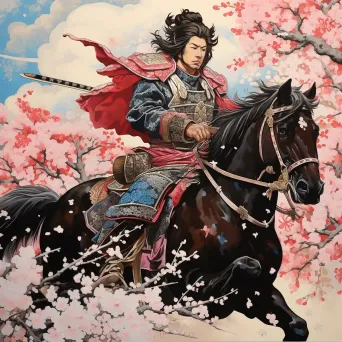 Vibrant woodblock print of samurai warrior Tomoe Gozen amidst cherry blossoms - Image 4