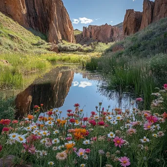 Desert oasis with wildflowers and pond framed by cliffs - Image 1