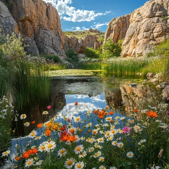 Desert oasis with wildflowers and pond framed by cliffs - Image 3