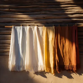 Vibrant woven linen fabrics drying on a wooden backdrop. - Image 1