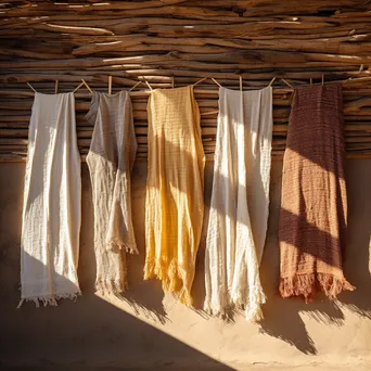 Vibrant woven linen fabrics drying on a wooden backdrop. - Image 4