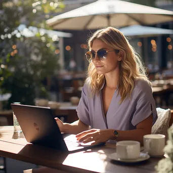 Businesswoman analyzing cryptocurrency trends on a laptop at café - Image 3