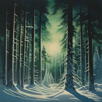 Illustration of snowy forest with Northern Lights glow - Image 1