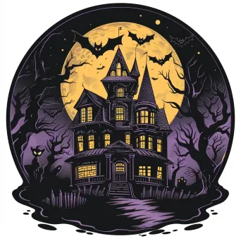 Spooky Halloween logo featuring a haunted house, bats, and full moon - Image 1