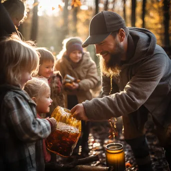 Family members gathering maple sap with laughter in autumn - Image 1