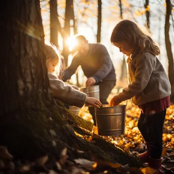 Family members gathering maple sap with laughter in autumn - Image 2