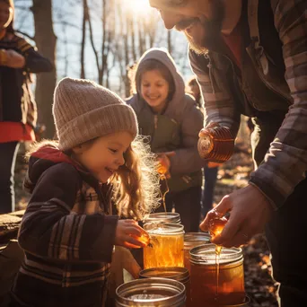 Family members gathering maple sap with laughter in autumn - Image 3