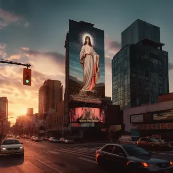 Religious icon on a billboard in a bustling city highway during sunset - Image 2