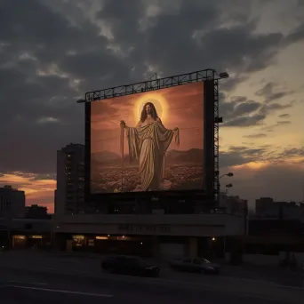 Religious icon on a billboard in a bustling city highway during sunset - Image 3