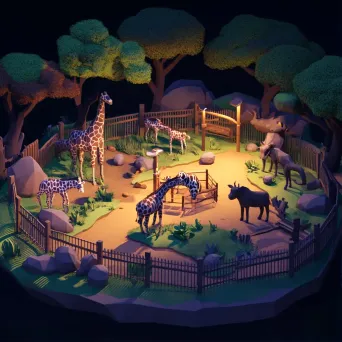 Low poly and isometric view of a lively zoo enclosure at twilight - Image 1